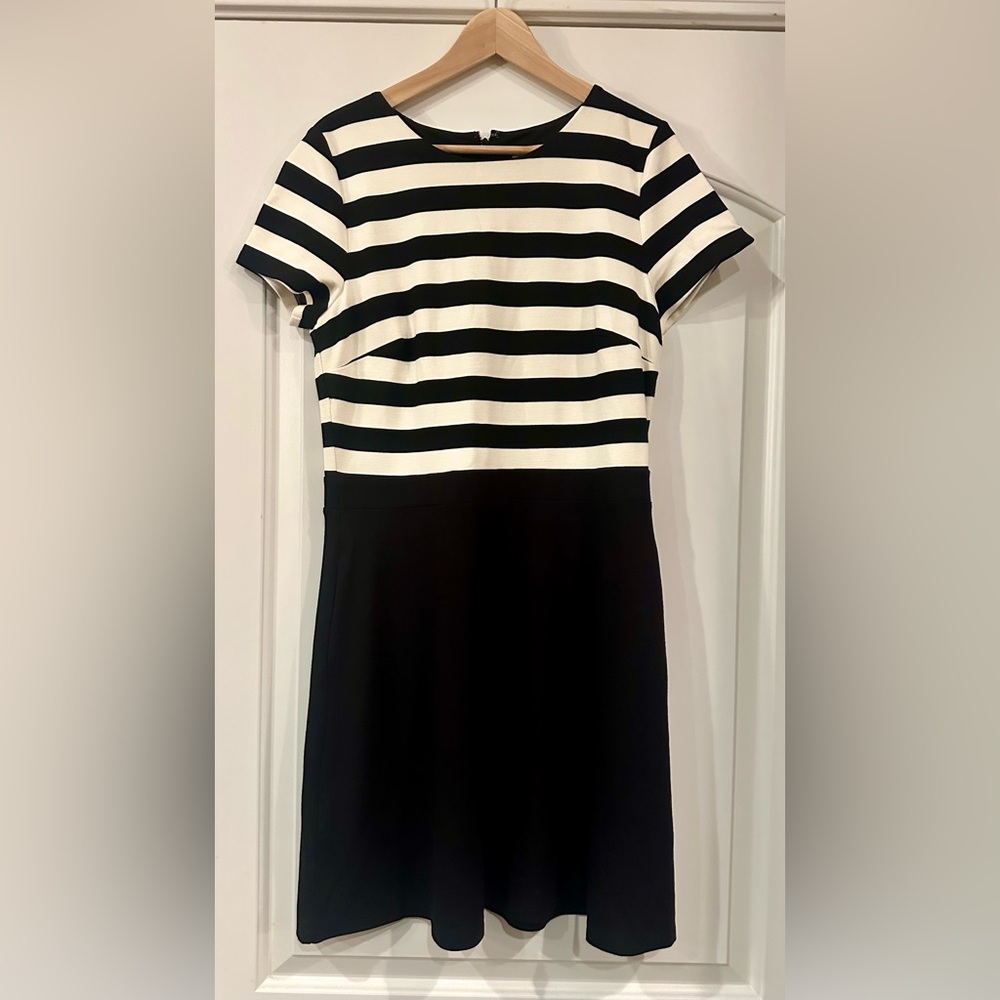 LOFT Dress Womens 10 Black Short Sleeve Ponte Knit A-Line Striped Pockets midi